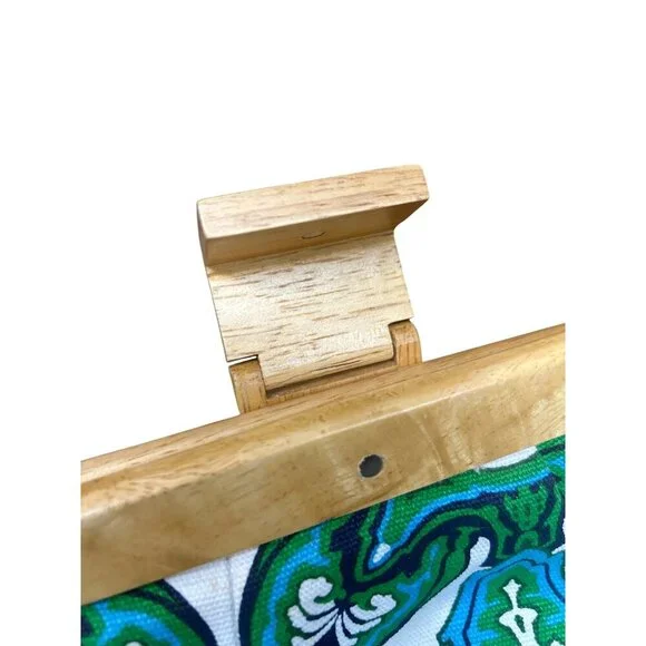 Vintage Old Navy Wooden Frame Clutch Bag With Green & Blue Floral Pattern - Picture 2 of 6